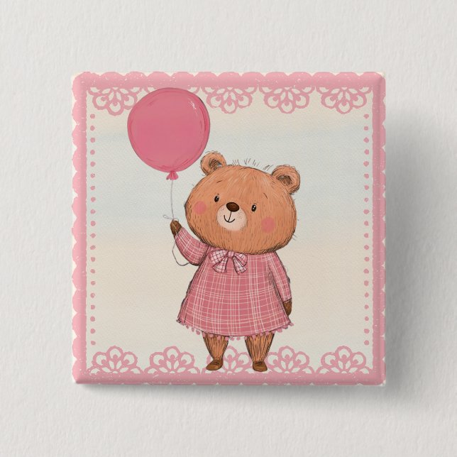 Pink Fringe Dress Bear with Pink Balloon Button (Front)