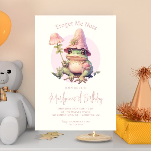 Pink Frog Cottagecore 1st Birthday Invitation