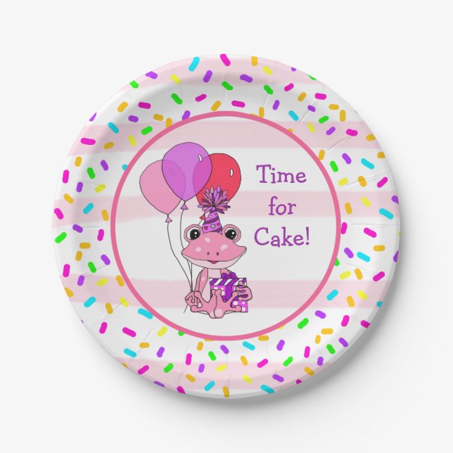 Pink Frog Girl's Birthday Candy Sprinkles Party Paper Plates (Front)