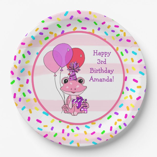 Pink Frog Girl's Birthday Candy Sprinkles Party Paper Plates (Front)