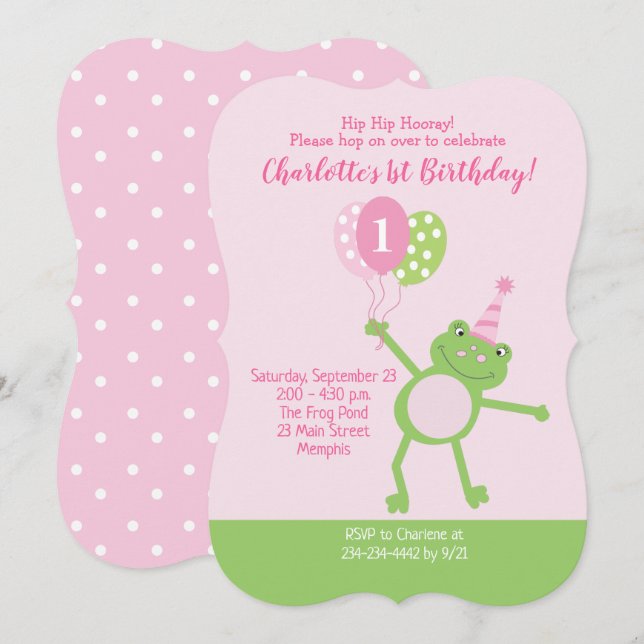 Pink Frog Girls Birthday Party Invitation (Front/Back)