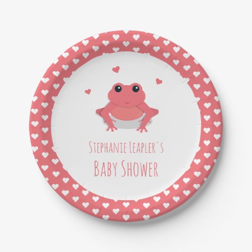 Pink Frog Hearts Name Baby Shower Paper Plates