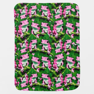 Pink Frog On Green Leaf Pattern Design  Baby Blanket