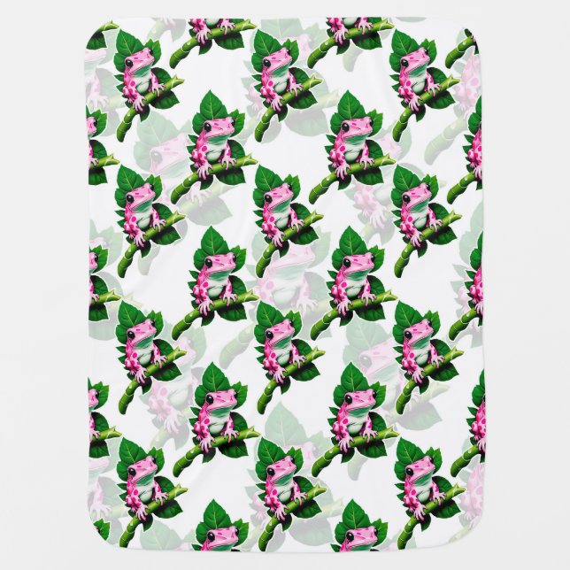 Pink Frog On Green Leaf Pattern Design Baby Blanket (Front)