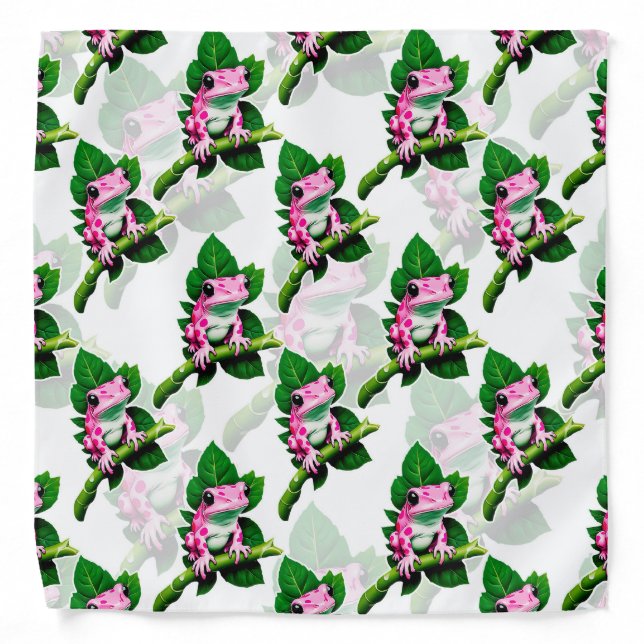 Pink Frog On Green Leaf Pattern Design Bandana (Front)