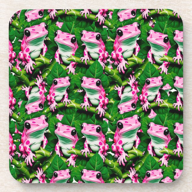 Pink Frog On Green Leaf Pattern Design  Beverage Coaster (Front)