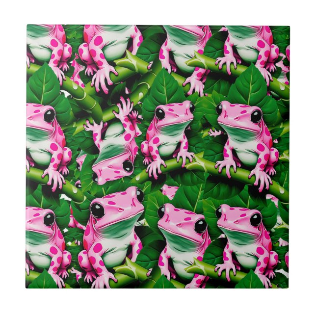 Pink Frog On Green Leaf Pattern Design  Ceramic Tile (Front)