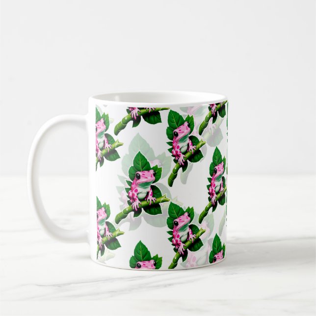 Pink Frog On Green Leaf Pattern Design Coffee Mug (Left)