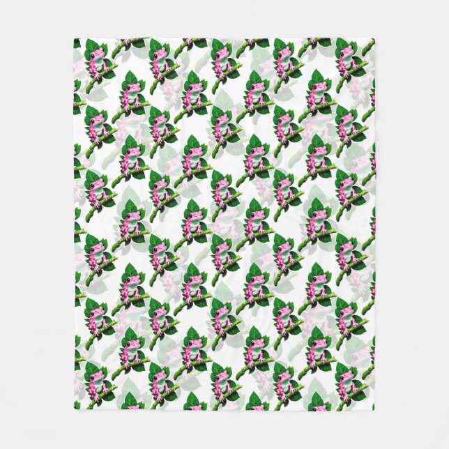 Pink Frog On Green Leaf Pattern Design Fleece Blanket (Front)