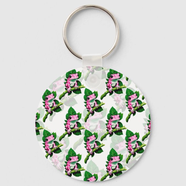 Pink Frog On Green Leaf Pattern Design Keychain (Front)