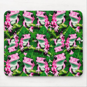 Pink Frog On Green Leaf Pattern Design Mouse Pad