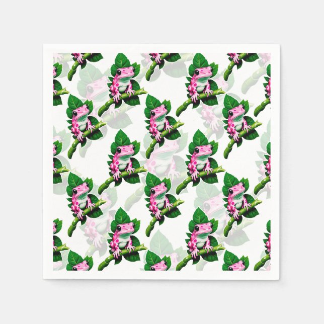 Pink Frog On Green Leaf Pattern Design Napkins (Front)