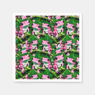 Pink Frog On Green Leaf Pattern Design Napkins