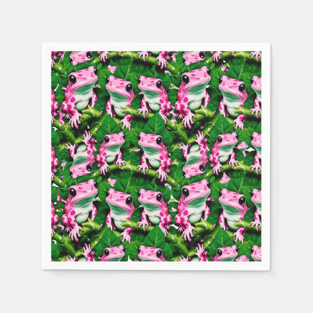 Pink Frog On Green Leaf Pattern Design  Napkins (Front)