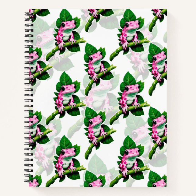 Pink Frog On Green Leaf Pattern Design Notebook (Front)
