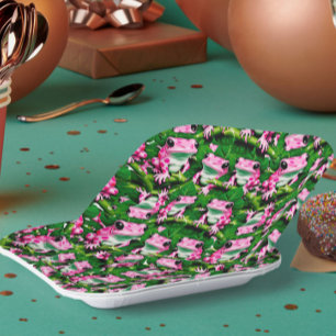 Pink Frog On Green Leaf Pattern Design Paper Plates