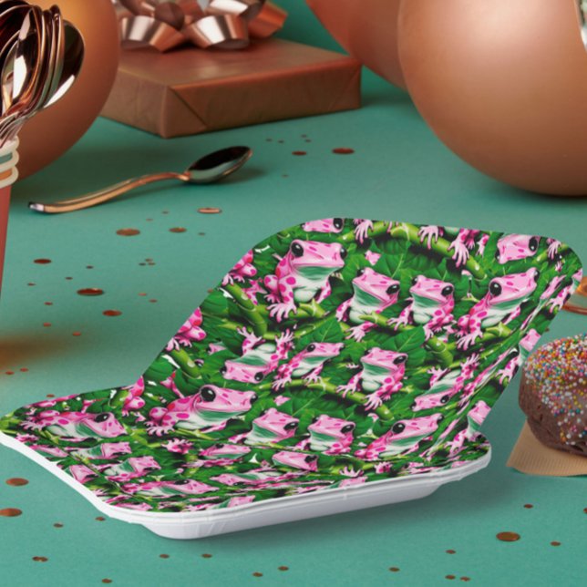 Pink Frog On Green Leaf Pattern Design  Paper Plates (Creator Uploaded)