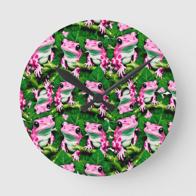 Pink Frog On Green Leaf Pattern Design  Round Clock (Front)