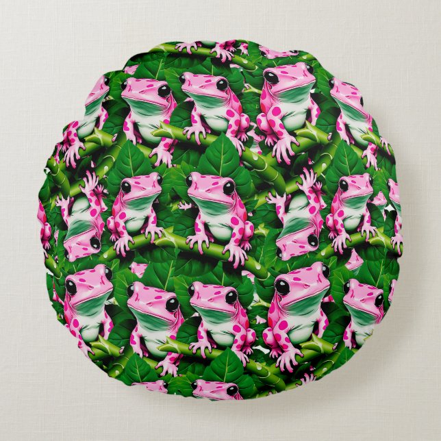 Pink Frog On Green Leaf Pattern Design  Round Pillow (Front)