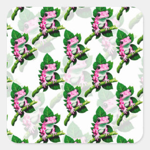 Pink Frog On Green Leaf Pattern Design Square Sticker