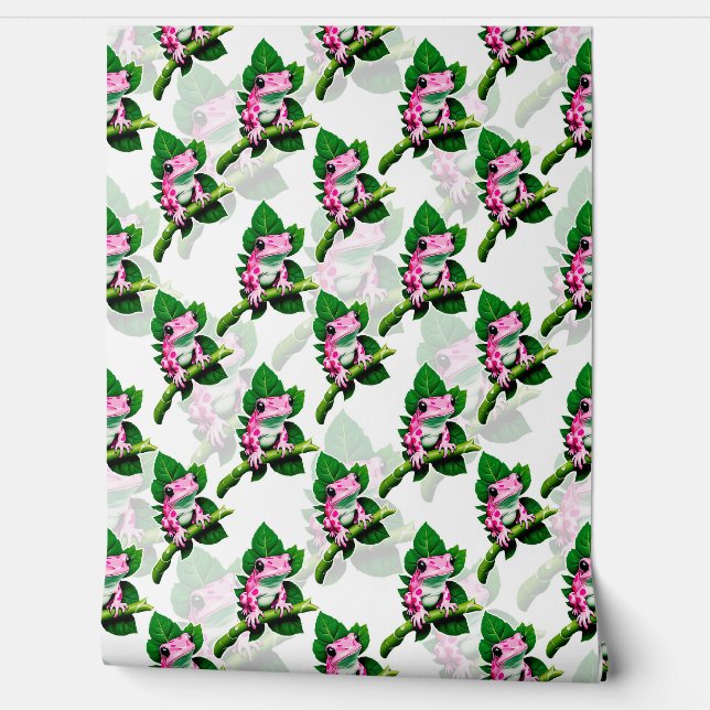 Pink Frog On Green Leaf Pattern Wall Decor Wallpaper (Unrolling)