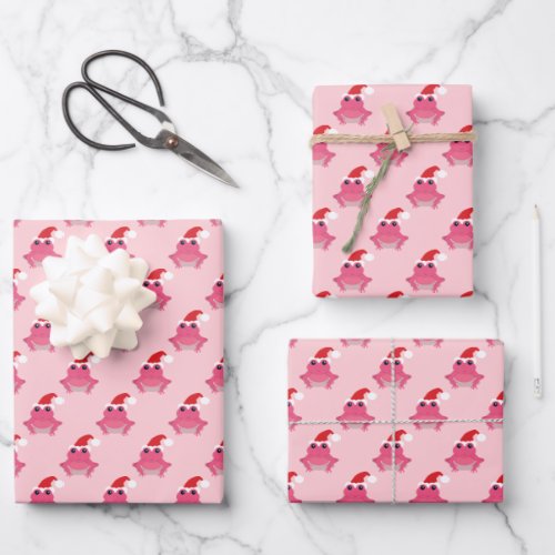 Pink Frog Santa Hat Cartoon Novelty Christmas Wrapping Paper Sheets