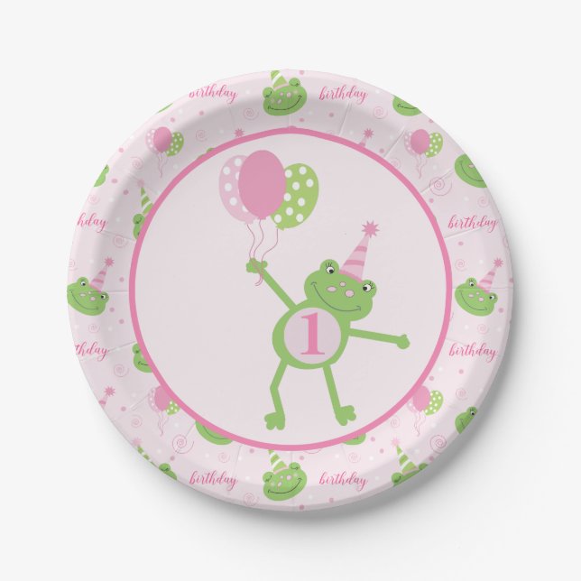 Pink Frog with Balloons Girl Birthday Party Paper Plates (Front)