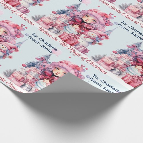 Pink From Santa Girls Name Snowman Christmas Wrapping Paper