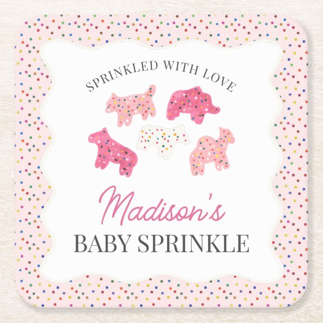 Pink Frosted Animal Cookies Baby Sprinkle Square Paper Coaster (Front)