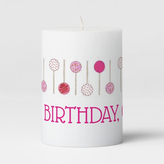Pink Frosted Cake Pops Birthday Party Centerpiece Pillar Candle (Front)