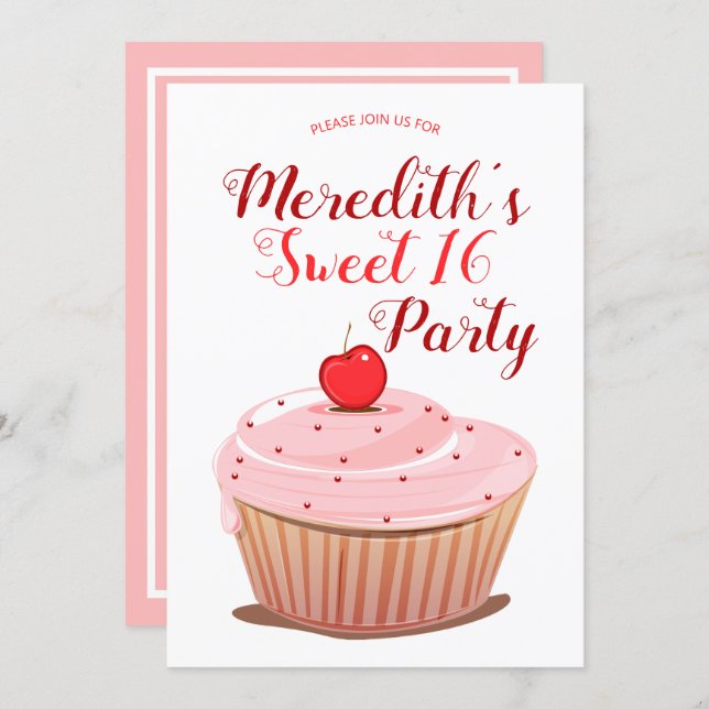 Pink Frosted Cupcake Sweet 16 Invitation (Front/Back)
