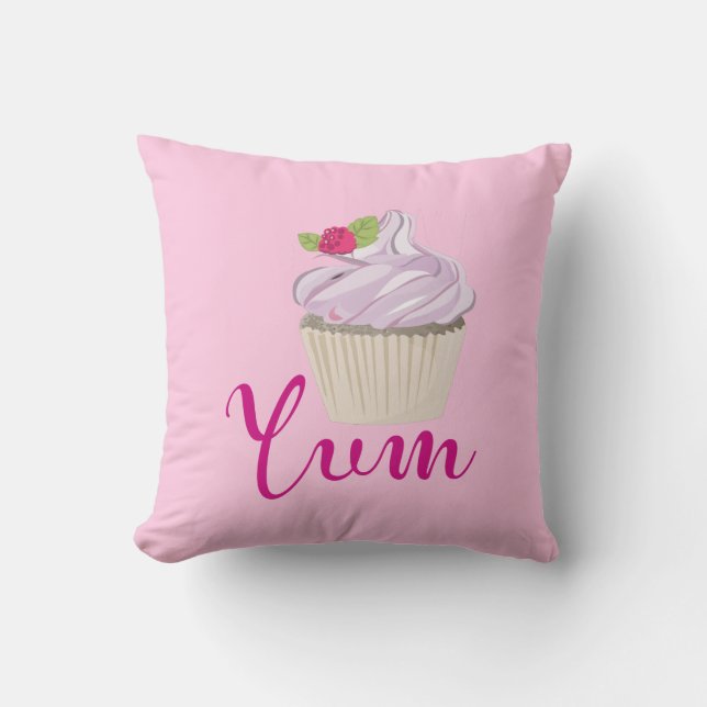 Pink Frosted Cupcake Yum! Throw Pillow (Front)