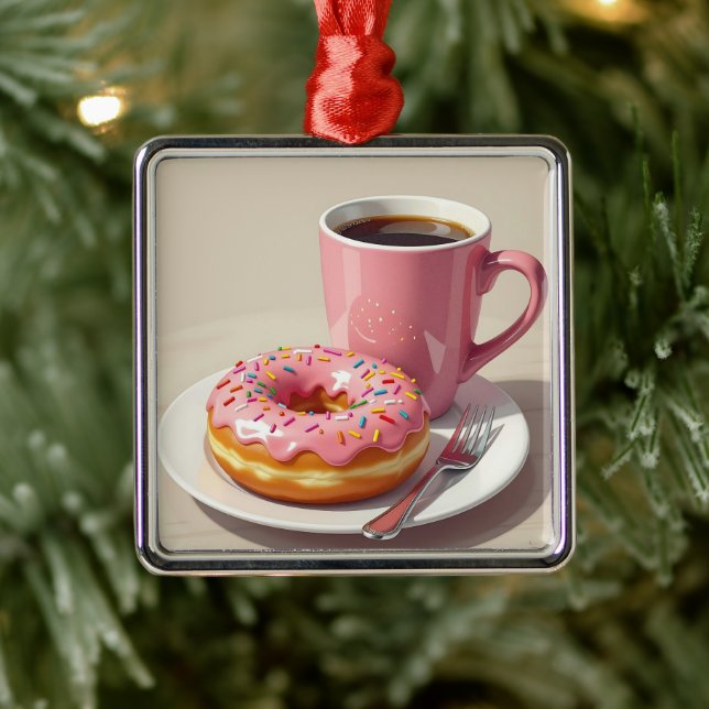 Pink Frosted Donut and Coffee Christmas Metal Ornament (Tree)