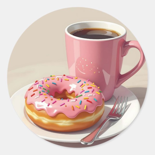 Pink Frosted Donut and Coffee  Classic Round Sticker (Front)