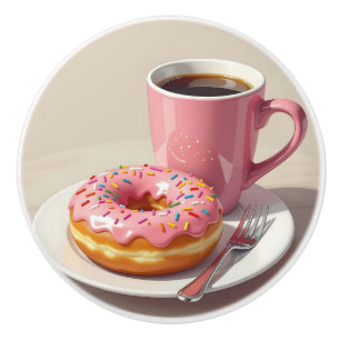 Pink Frosted Donut and Coffee Cup Ceramic Knob