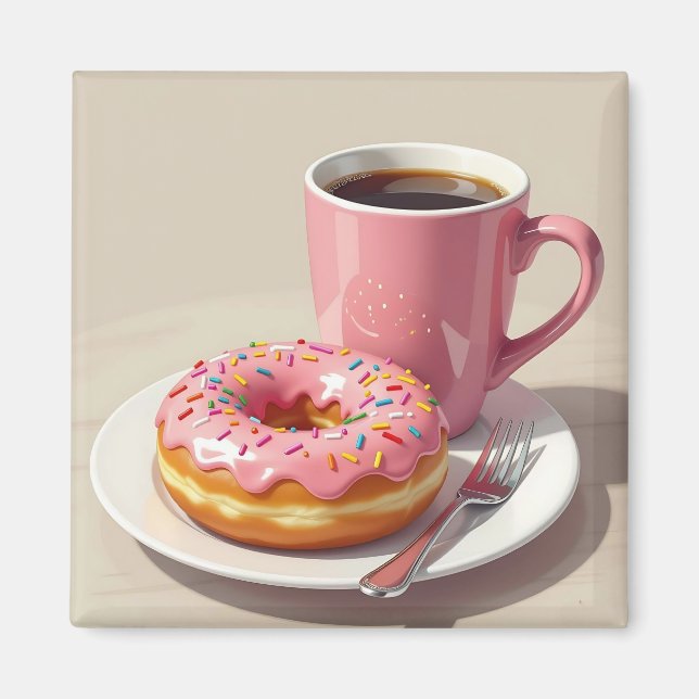 Pink Frosted Donut and Coffee  Magnet (Front)