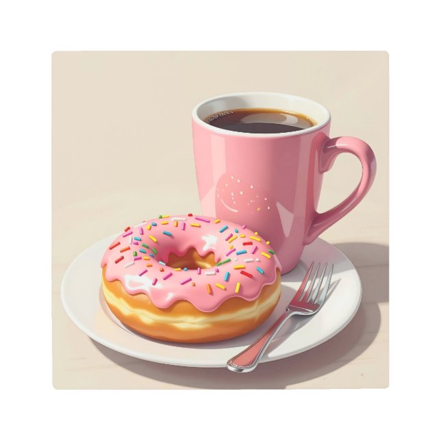 Pink Frosted Donut and Coffee  Metal Print (Front)