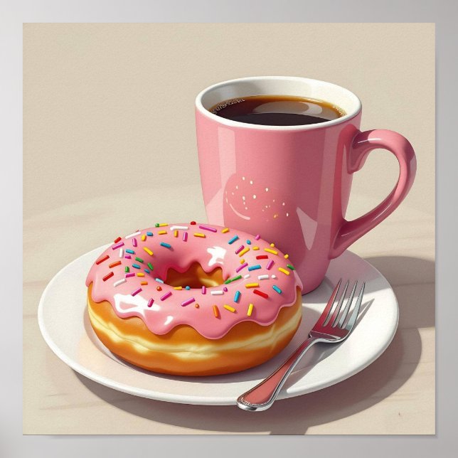 Pink Frosted Donut and Coffee  Poster (Front)