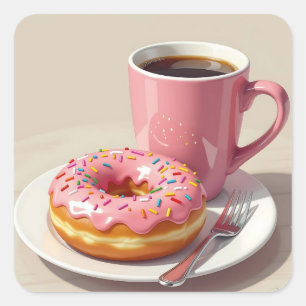 Pink Frosted Donut and Coffee  Square Sticker