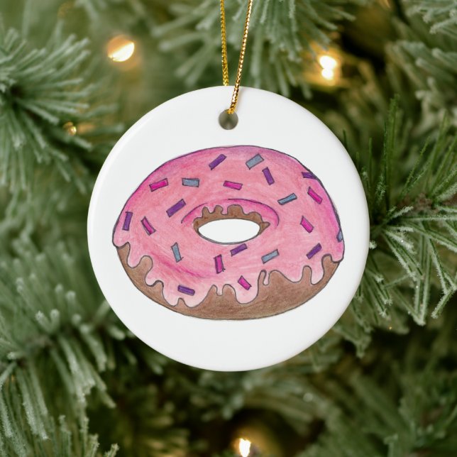 Pink Frosted Donut Doughnut Sprinkles Junk Food Ceramic Ornament (Tree)