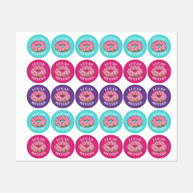 Pink Frosted Donut Doughnut Sprinkles Junk Food Kids' Labels (Sheet)