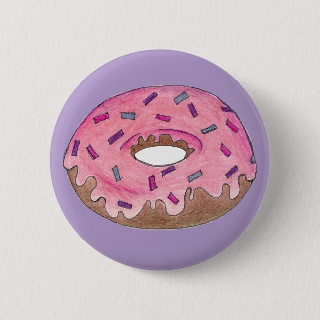 Pink Frosted Donut Doughnut w/ Sprinkles Junk Food Pinback Button (Front)