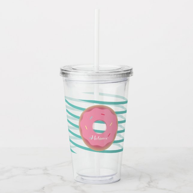 Pink Frosted Donut Ribbon Stripes Monogram Acrylic Tumbler (Front)