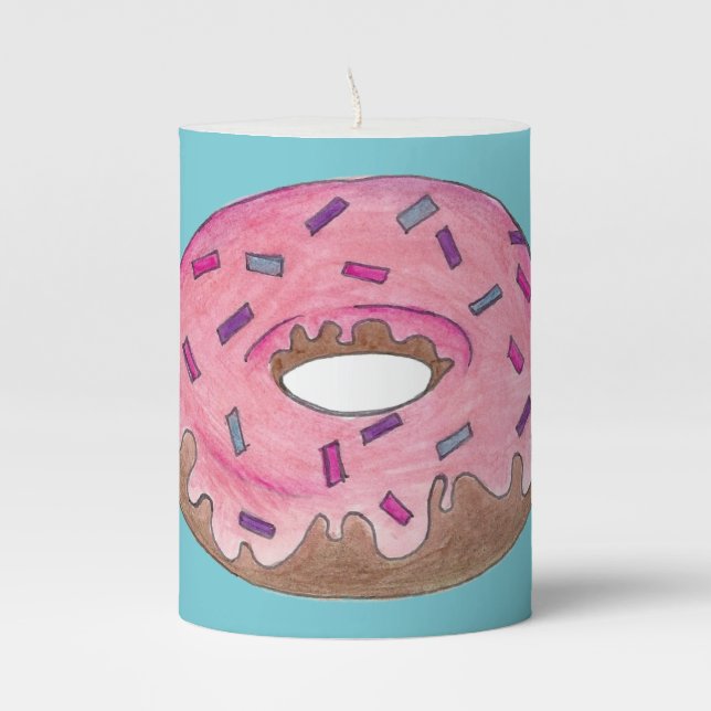Pink Frosted Donut Sprinkles Doughnut Junk Food Pillar Candle (Front)