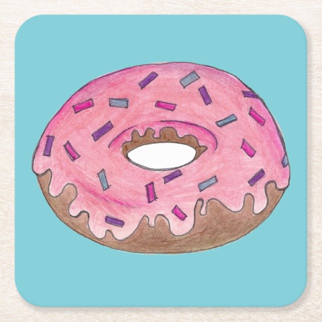 Pink Frosted Donut Sprinkles Doughnut Junk Food Square Paper Coaster (Front)