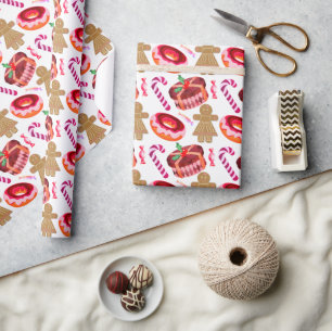 Pink Frosted Donuts Gingerbread Girls Candy Canes Wrapping Paper