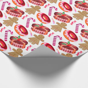 Pink Frosted Donuts Gingerbread Girls Candy Canes Wrapping Paper