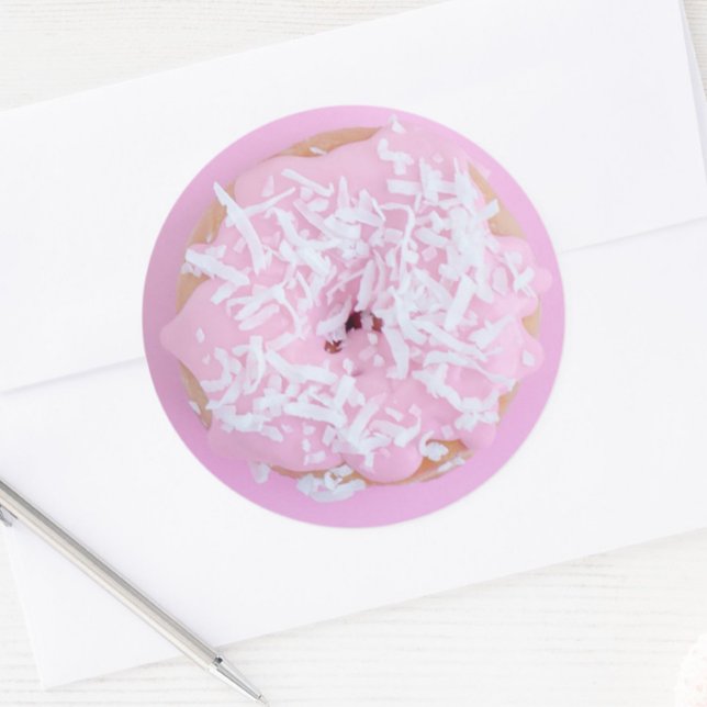 Pink frosted doughnut white sprinkle cute sweet classic round sticker (Creator Uploaded)