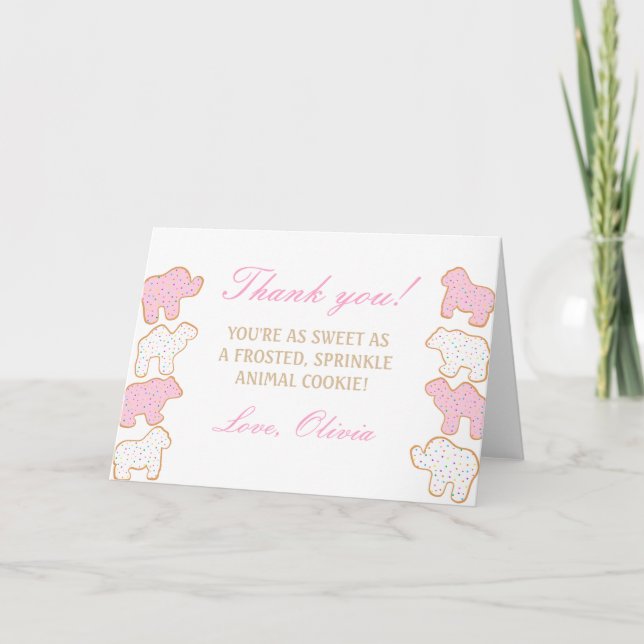 Pink Frosted sprinkle Animal Cookie party favor Thank You Card (Front)