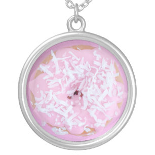Pink frosted sprinkles doughnut cake cute silver plated necklace